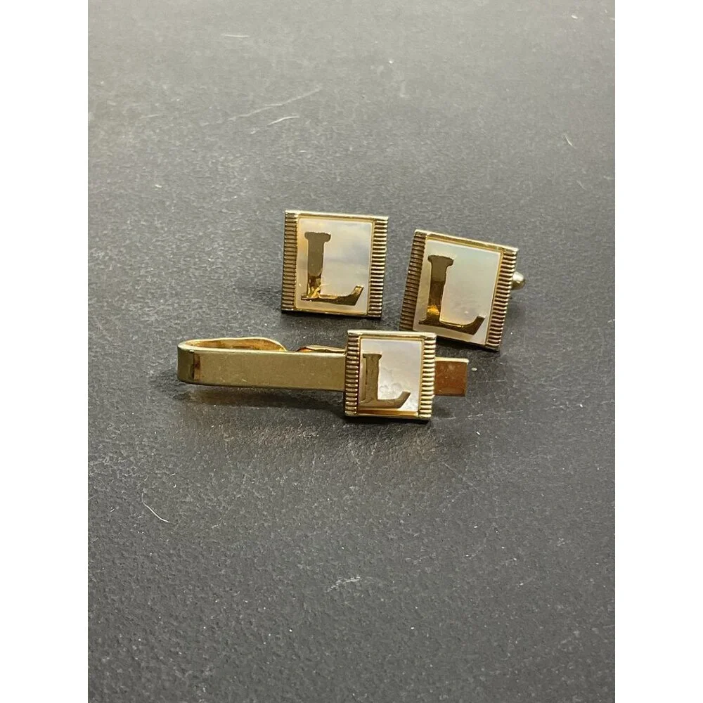 Gold Tone Mother of Pearl Initial L Cufflinks & Tie Clip Set